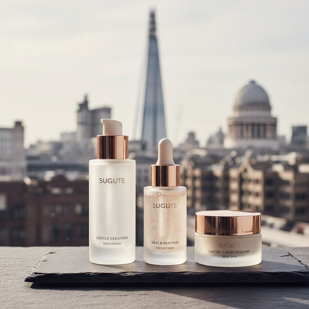 Close-up of a sophisticated men's skincare collection, featuring a cleanser, serum with dropper, and moisturiser, set against a dark, minimalist London backdrop