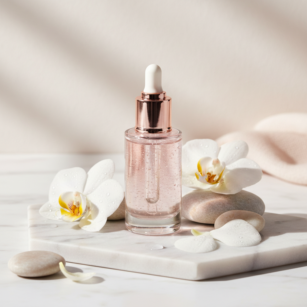 Luxurious GHK-Cu serum bottle amidst serene, cool-toned botanicals, representing effective menopause hot flushes UK skincare solutions.