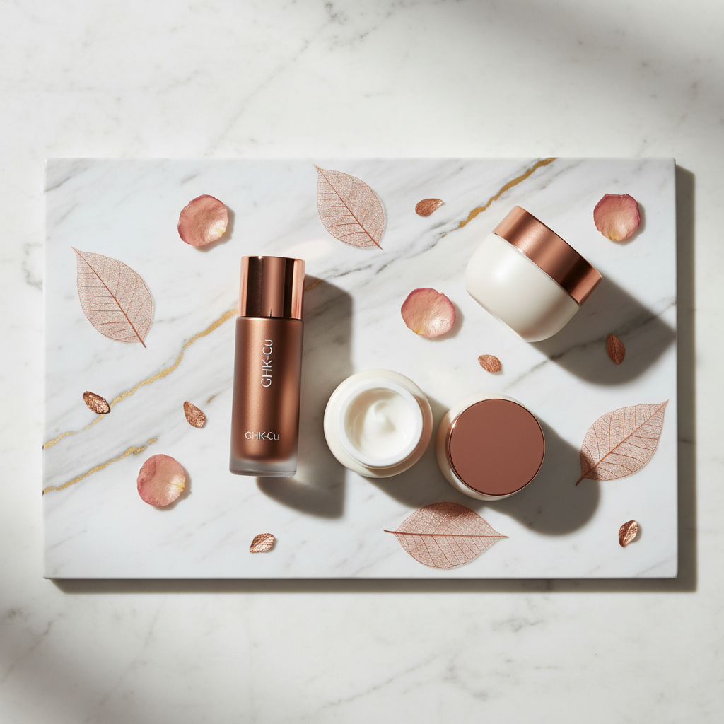 Luxurious skincare products with copper peptides arranged on a marble surface with soft, diffused lighting, perfect for targeting perimenopause skin concerns in