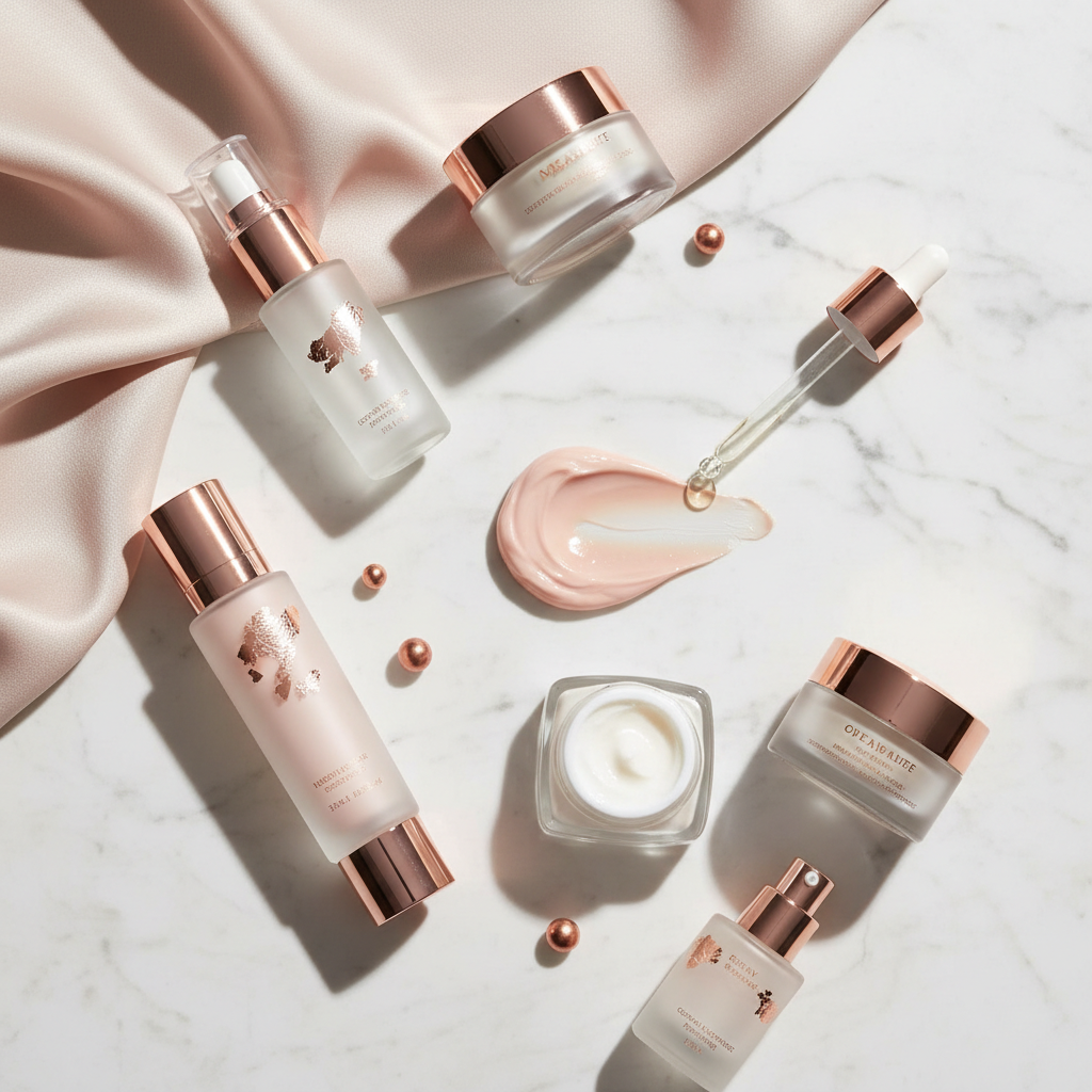 Luxurious array of the best skincare products for 40s women UK, featuring elegant glass bottles and jars, with hints of copper and gold packaging, set against a