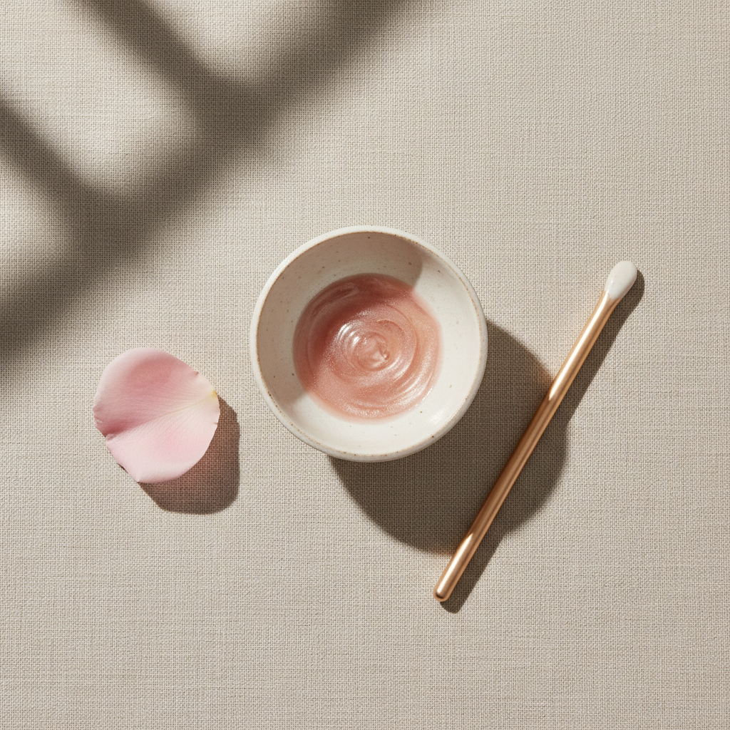 Close-up of a porcelain bowl filled with luxurious copper peptide cream, a delicate single rose petal, and a gold-handled applicator, set on a muted linen backg