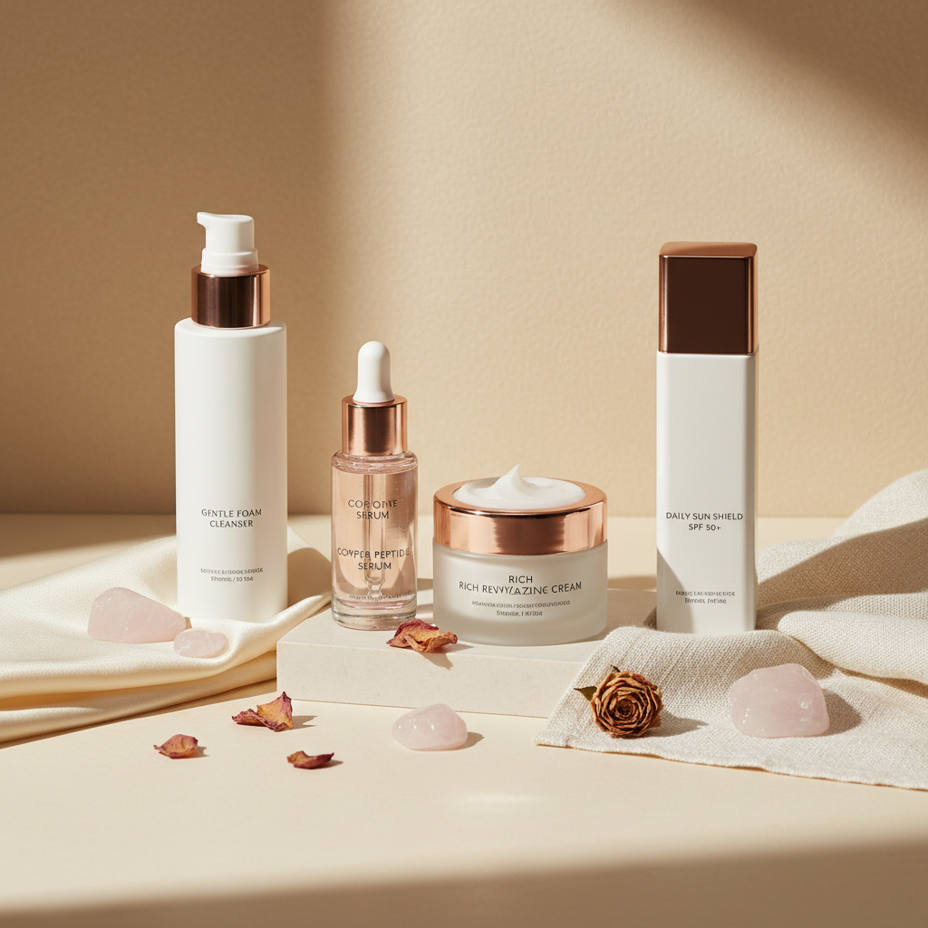 Luxurious array of anti-aging skincare products, serene composition with elegant glass bottles and golden accents, ideal for a skincare routine for 60s women UK