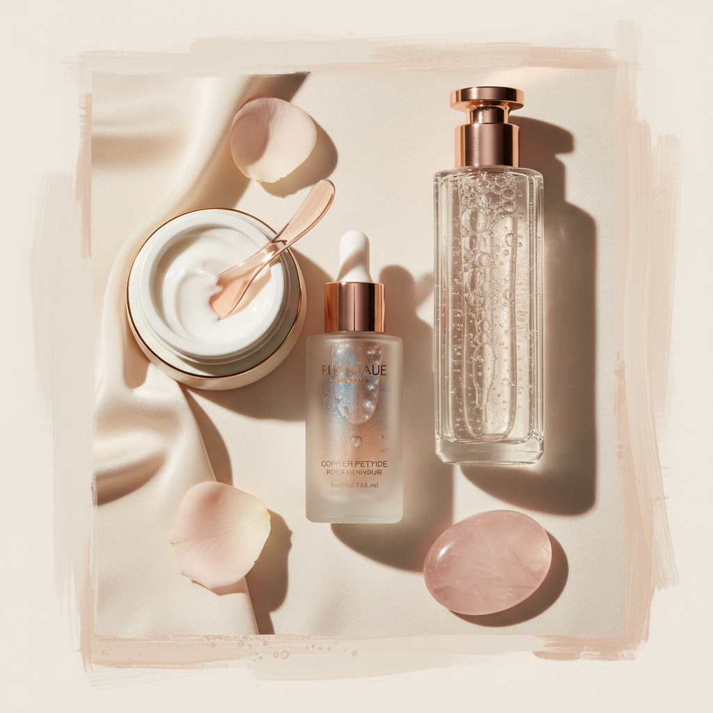 Luxurious skincare products with a British, elegant aesthetic, featuring copper peptide serums, rich moisturisers, and botanicals, set against a soft, diffused