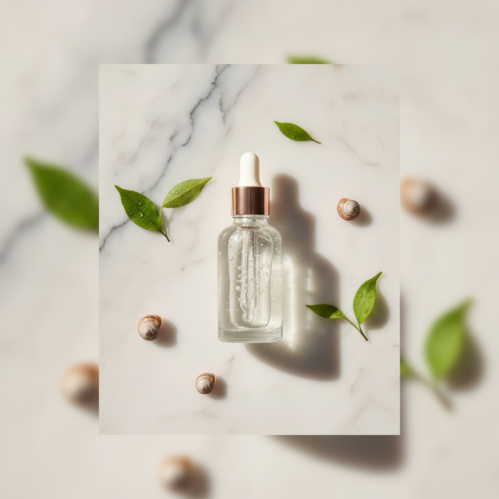 Close-up of a luxurious snail mucin serum bottle with iridescent texture, surrounded by delicate green leaves and soft diffused light, evoking natural efficacy