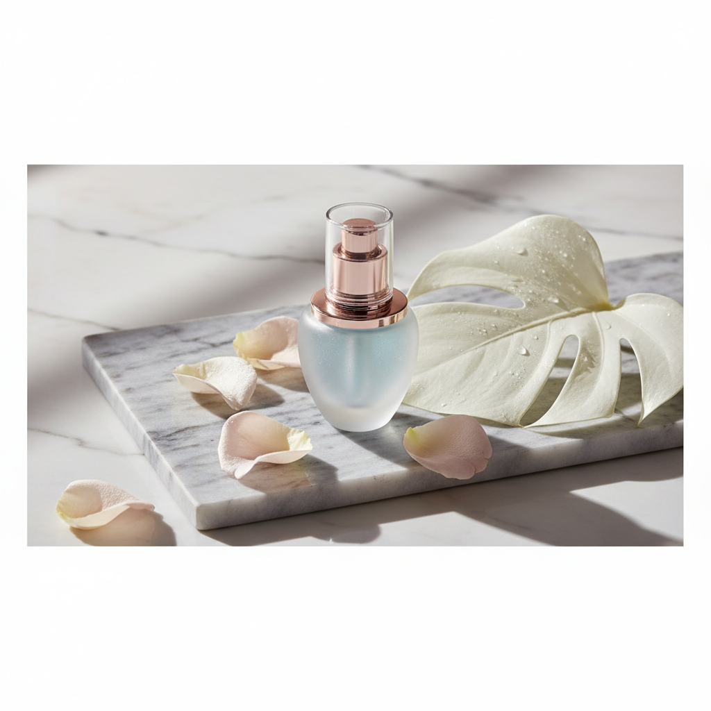 Close-up of a luxurious, calming skincare serum bottle with copper peptides, on a cool-toned marble surface, surrounded by smooth, light-coloured pebbles and so