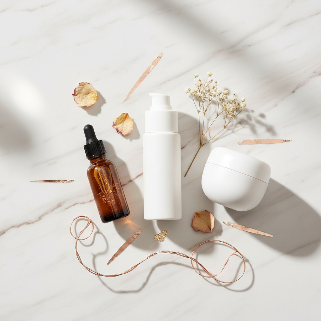 Luxurious skincare products arranged elegantly: an SPF moisturiser bottle, a copper peptide serum dropper bottle, and a jar of face cream, on a marble surface w