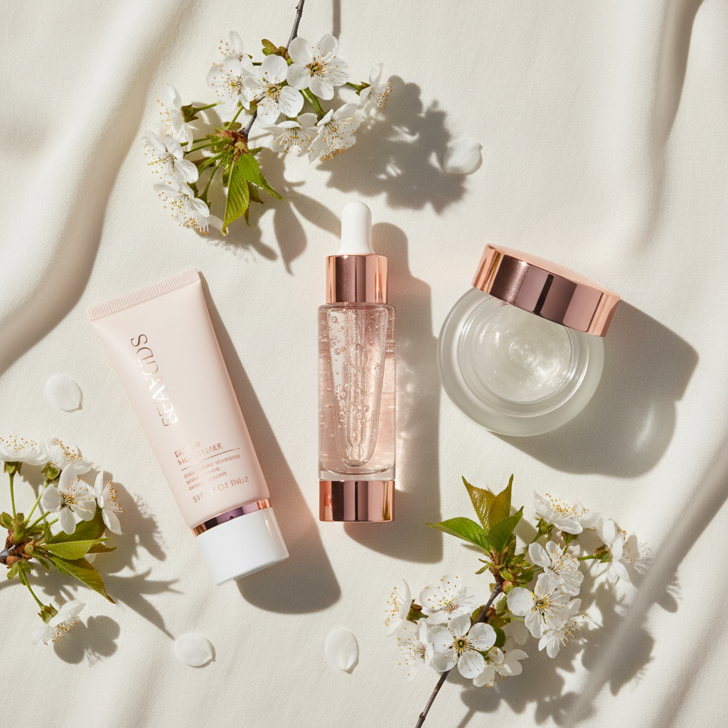 Close-up of a luxurious spring skincare routine for UK women, featuring dewy skin and natural botanicals in soft, refreshing light