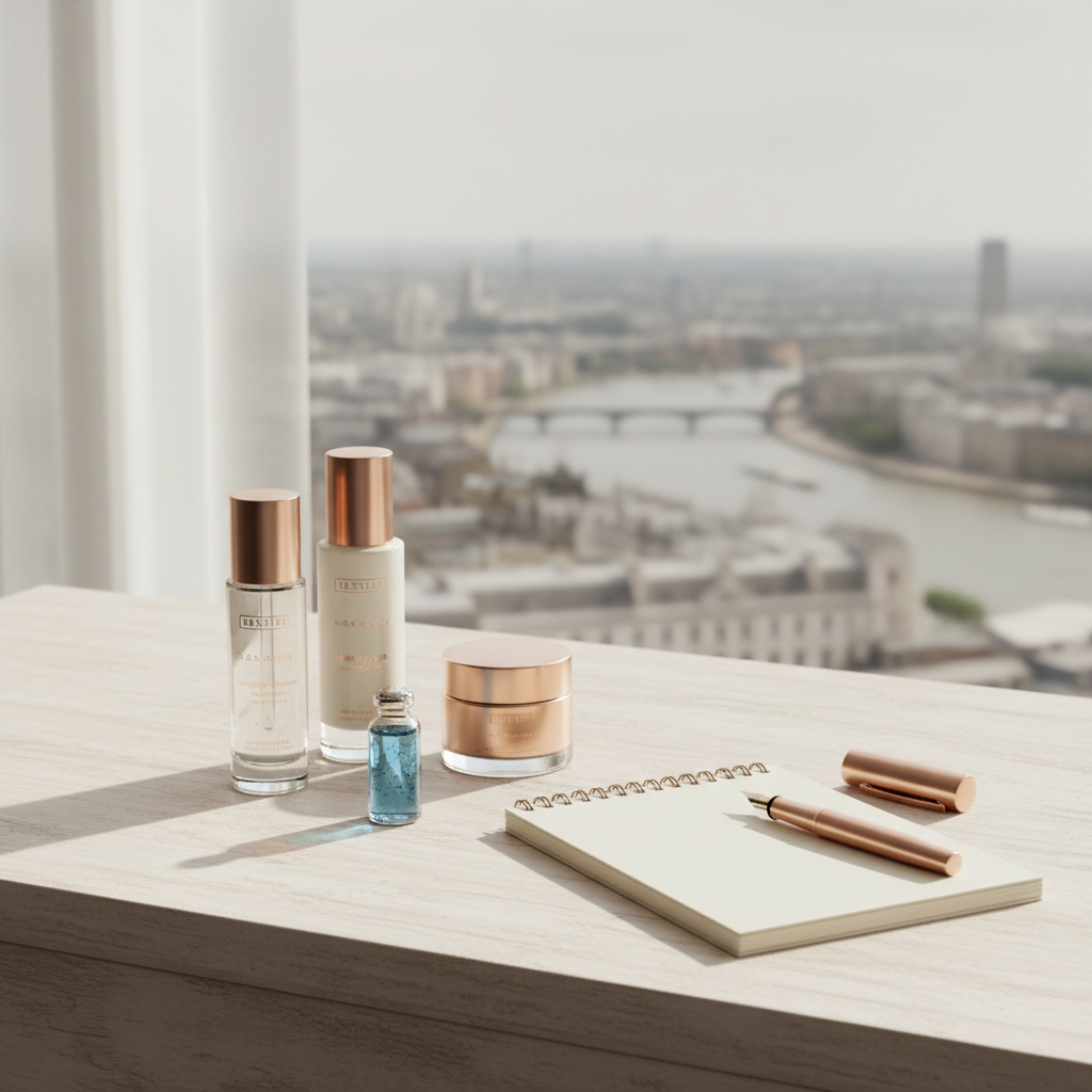 Luxurious skincare products arranged elegantly on a desk next to a planner and laptop, symbolising an efficient skincare routine for busy professionals in Londo