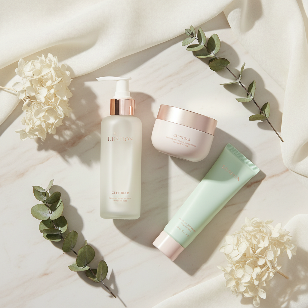Close-up of a teen's glowing, fresh skin with gentle skincare products in soft focus; ideal for a skincare routine for teenagers UK guide.