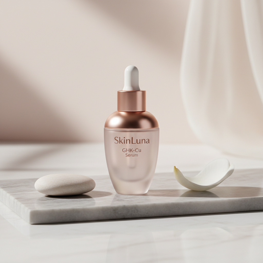Elegant still life composition featuring a minimalist skincare routine UK with a SkinLuna GHK-Cu serum bottle, a simple white ceramic bowl, and a soft, muted gr