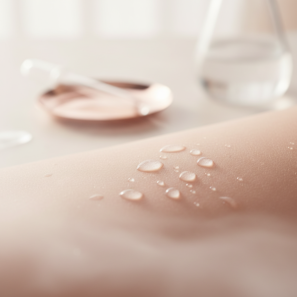 Close-up of clear, dewy skin with a subtle glow, symbolising effective acne treatment in the UK, against a clean, luxurious background.