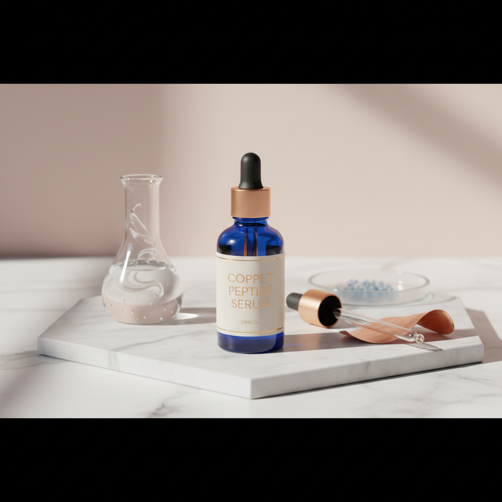 Close-up of a luxurious copper peptide serum bottle on a marble surface with delicate blue light reflections, symbolising the science of glowing skin and premiu