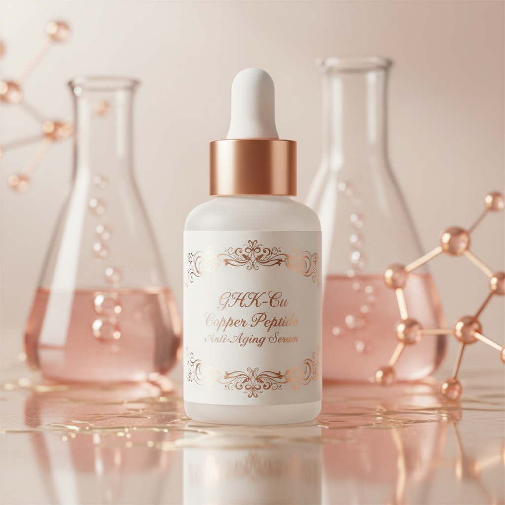 Close-up of a luxurious copper peptide serum bottle with delicate golden light, symbols of scientific research, and healthy, radiant skin showcasing the theme o