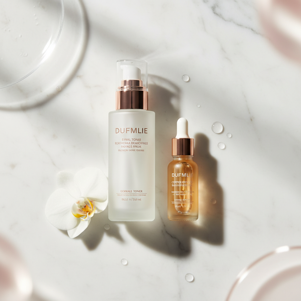 Luxurious skincare products, including a bottle of toner and a copper peptide serum, displayed elegantly on a marble surface with delicate floral accents, highl