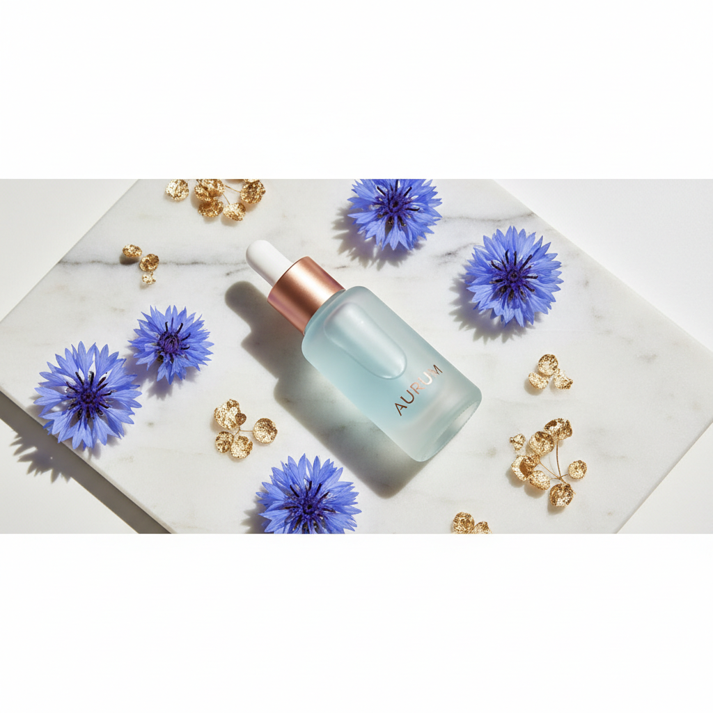 Close-up shot of a luxurious copper peptide serum bottle with metallic accents on a marble surface, surrounded by delicate blue and gold flowers, representing t