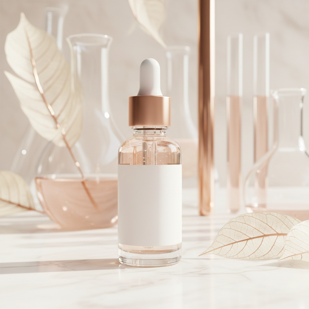 Close-up of a luxurious skincare serum bottle with a pipette, surrounded by scientific beakers and copper-toned botanical elements on a clean, white background,