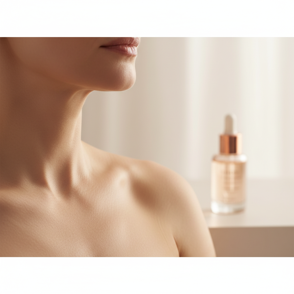 Close-up of a elegant woman's neck and décolletage, softly illuminated, with a glowing, smooth texture representing the treatment of crepey skin on neck UK.