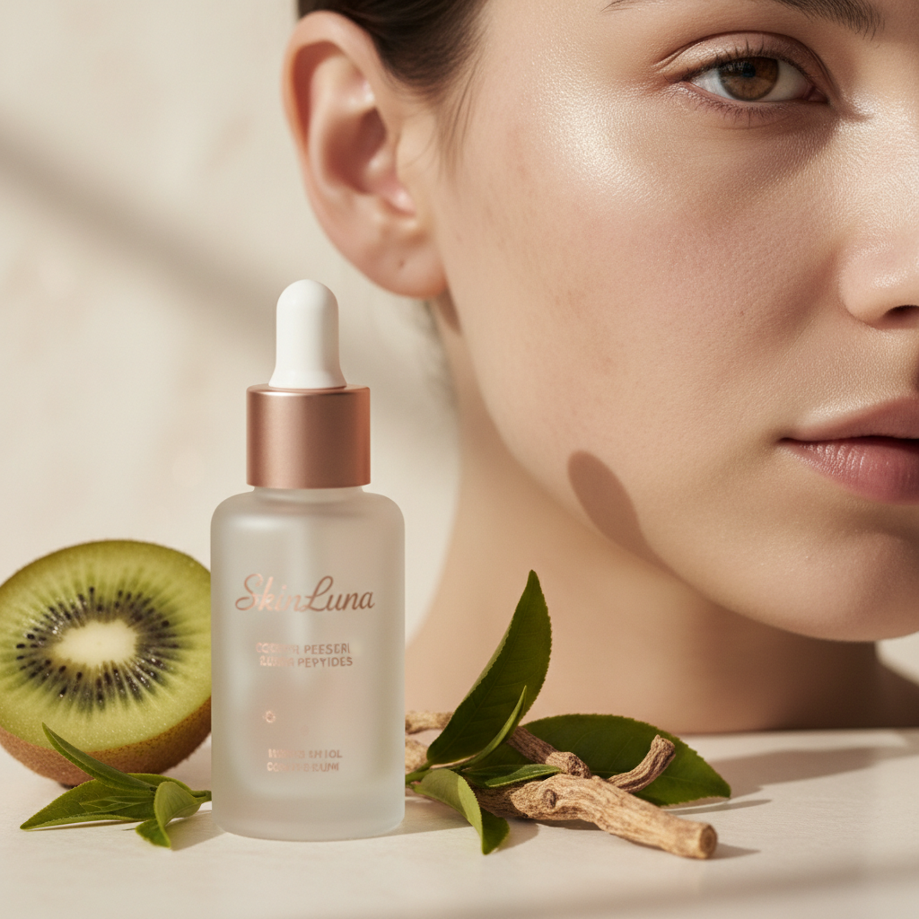 Close-up of a diverse woman's cheek and nose with visible melasma patches, gentle morning light, a SkinLuna copper peptide serum bottle slightly blurred in the