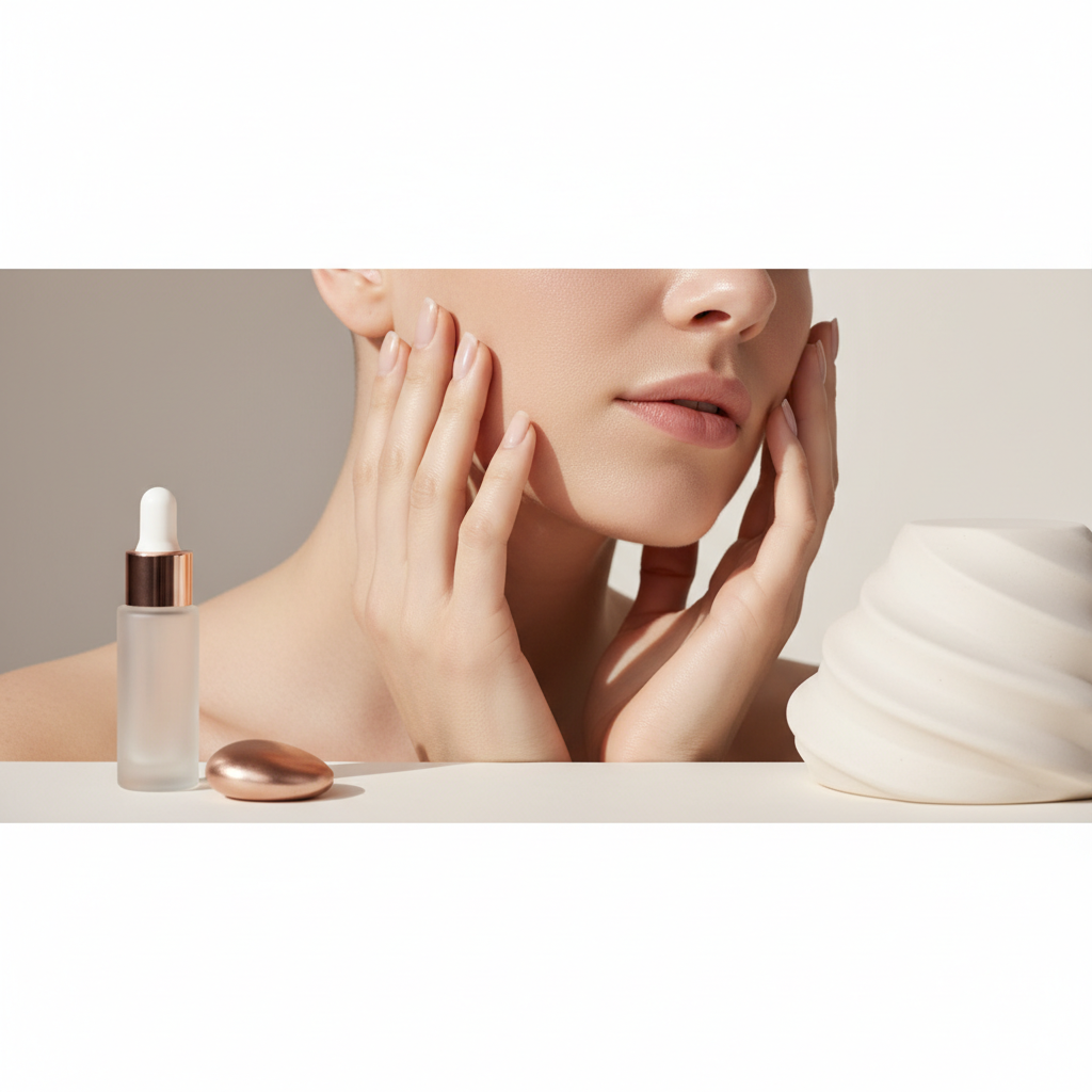 Close-up of a sophisticated, serene woman gently touching her cheek, subtle blush on her skin, implying sensitive skin and the need to treat rosacea at home UK.