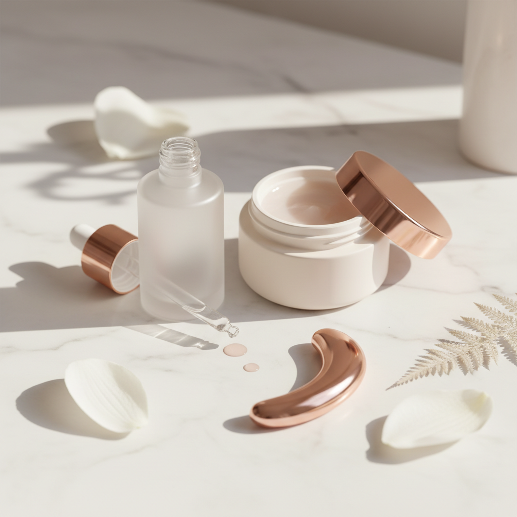 Luxurious skincare products featuring copper peptides and botanical extracts, elegantly arranged on a marble surface with soft, natural light, symbolising skin