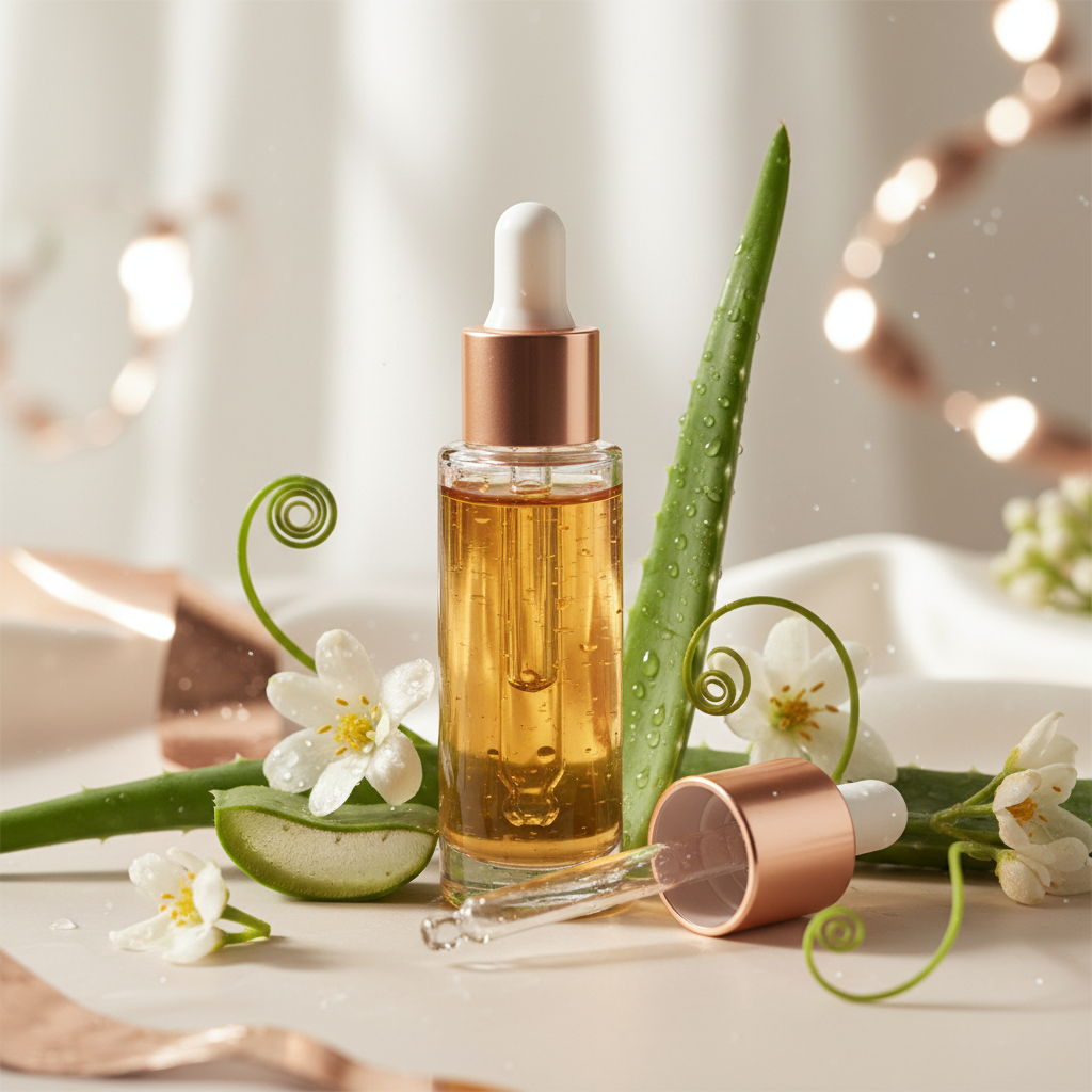 Close-up of a luxurious copper peptide serum bottle surrounded by botanical elements and soft, natural light, symbolising advanced treatment for sun damage on f