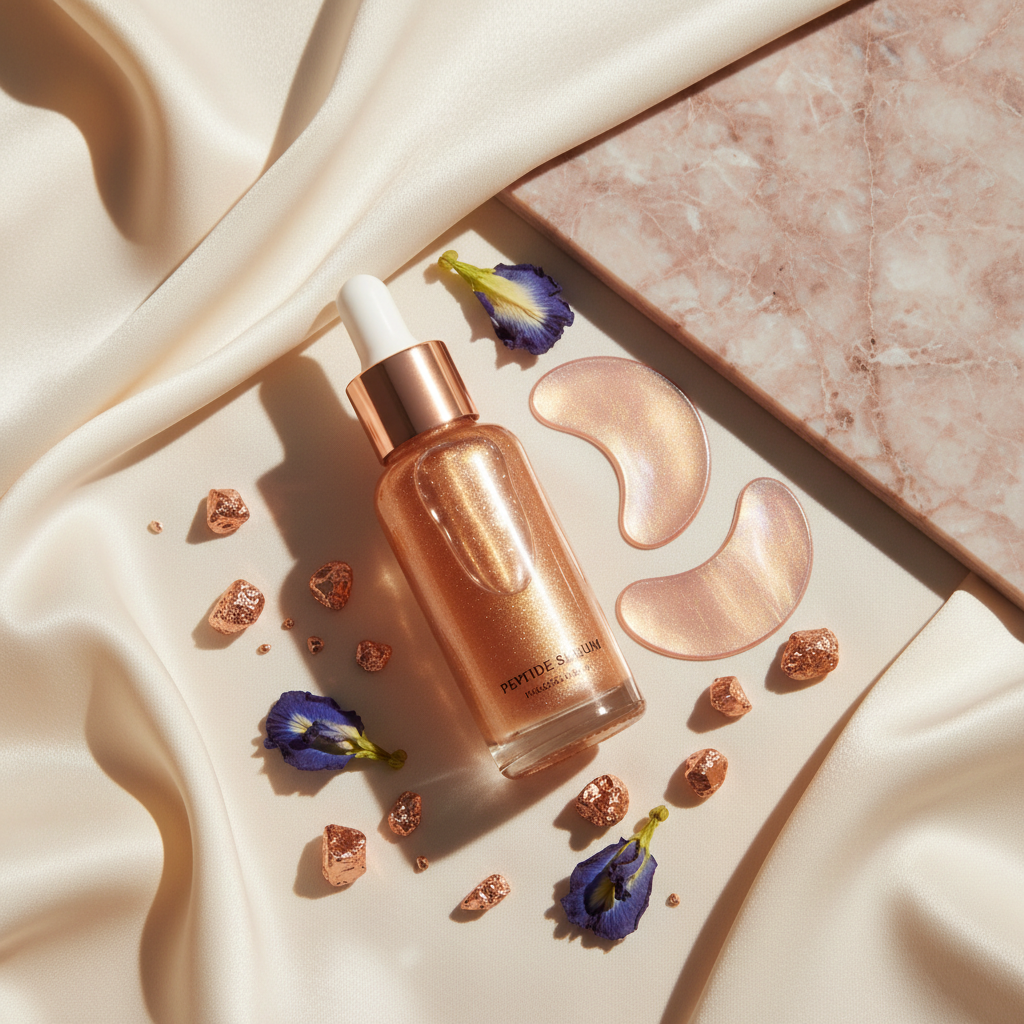 Luxurious editorial image featuring open copper peptide serum bottle alongside elegant, subtly shimmering under-eye patches on a serene, textured background lik