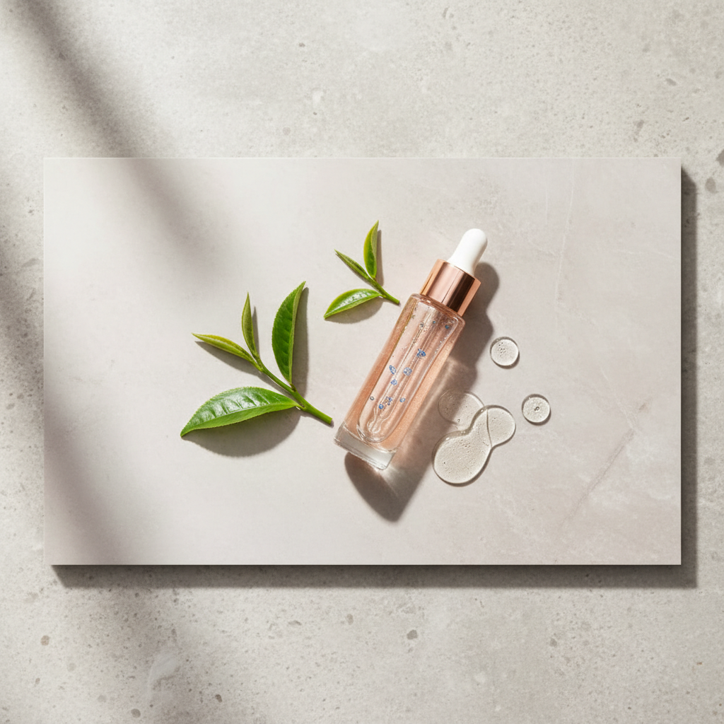 Luxurious, scientifically-inspired skincare products with copper peptides (GHK-Cu) arranged artfully around a central serum bottle, symbolising the pursuit of s