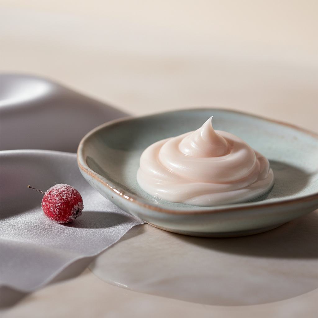 Close-up of a luxurious, rich cream texture with subtle shimmer, perfect for a winter skincare routine in London, against a backdrop of soft, diffused light and
