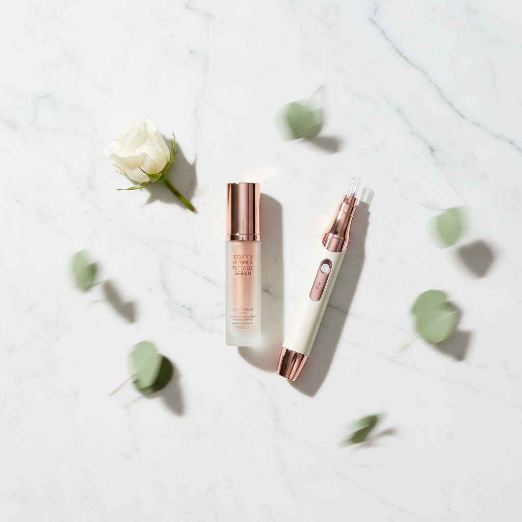 Close-up of a luxurious copper peptide serum bottle on a marble surface with delicate micro-needling device in the background, symbolising booking microneedling