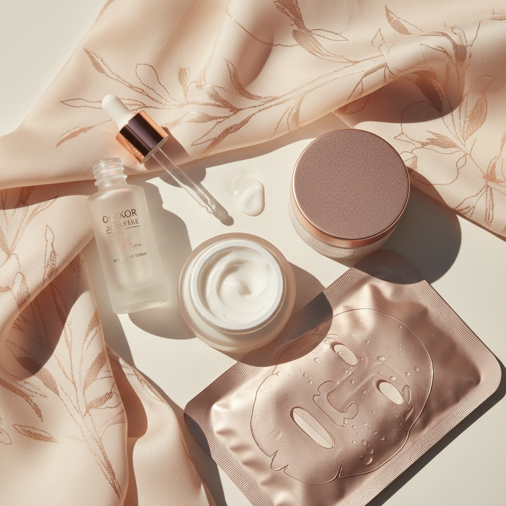 Luxurious array of elegant skincare products, including a copper peptide serum, alongside a velvet pouch and pearl accessories, set against a soft, diffused lig