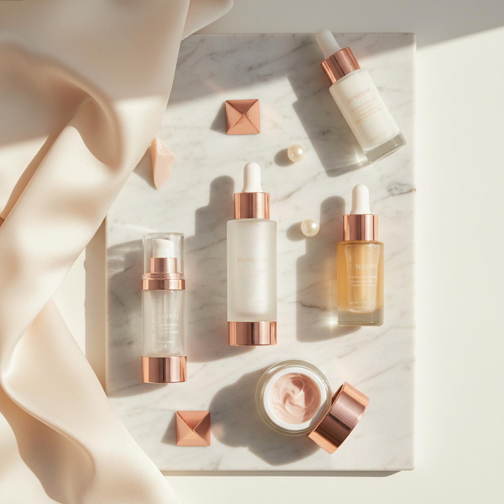 Luxurious array of elegant skincare bottles and jars, including a copper peptide serum, neatly arranged on a marble surface with soft, diffused lighting, illust