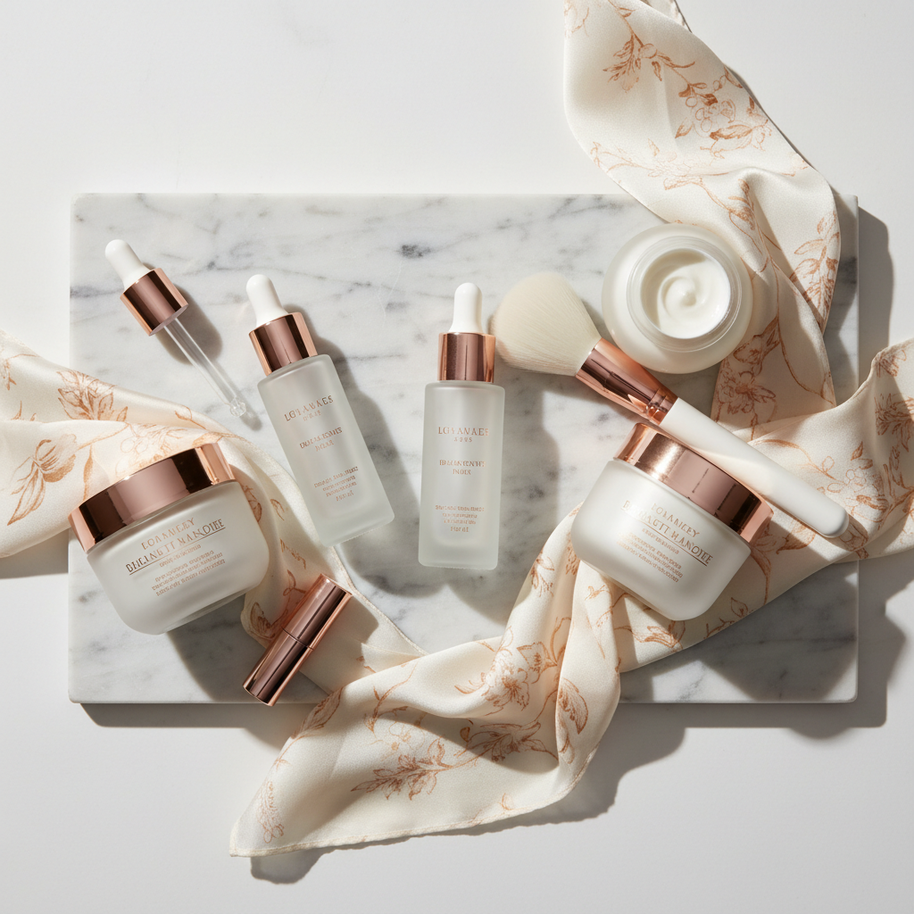 Luxurious glass bottles of serums and creams on a marble surface next to a makeup brush, symbolising elegant skincare for daily makeup wearers in London
